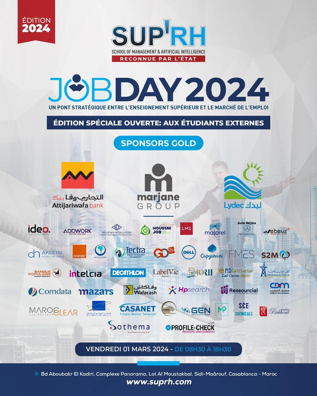 Partenaires SUP'RH Job Day 2024 : Attijariwafa Bank, Marjane Group, Lydec, Capgemini, Dell, Banque Populaire et 30+ entreprises